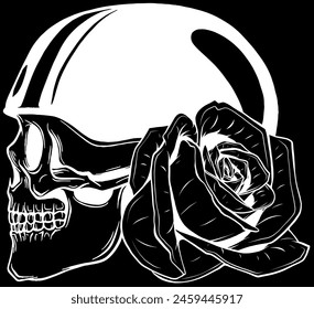 white silhouette of Skull Head Helmet Roses illustration Design Vector