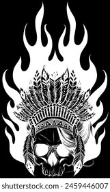 white silhouette of skull with indian feather hat on black background