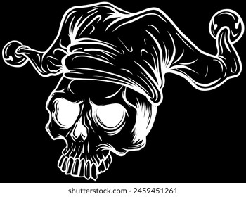 white silhouette of skull with joker hat on black background