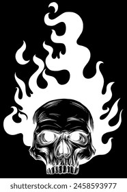 white silhouette of Skull on Fire with Flames on black background Vector Illustration