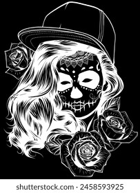 white silhouette of Skull and roses. Day of The Dead colorful Skull with ornament on black background