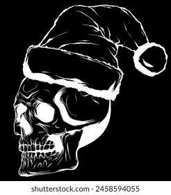 white silhouette of skull wearing Santa Claus hat on black background