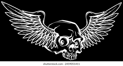 white silhouette of skull with wings on black background