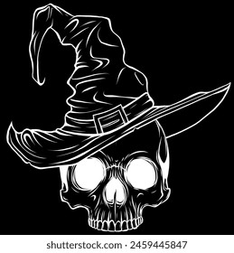 white silhouette of skull with witch hat vector illustration on black background