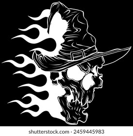 white silhouette of Skull. Wizard s skull with flames vector illustration