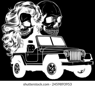 white silhouette of skulls couple with jeep on black background vector illustration design