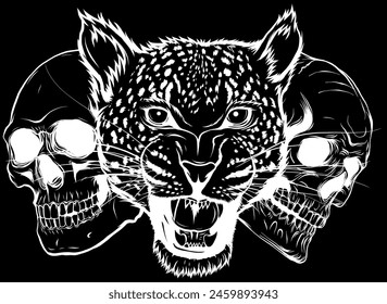 white silhouette of skulls head with leopard on black background. digital hand draw