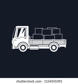 White Silhouette Small Cargo Truck with Boxes Isolated on Black Background, Delivery Services, Logistics, Shipping and Freight of Goods, Vector Illustration