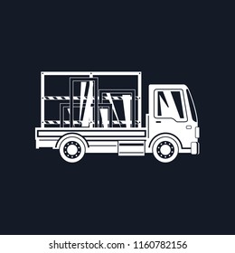 White Silhouette Small Truck Transports Windows Isolated on Black Background, Transportation and Cargo Delivery Services, Logistics, Shipping and Freight of Goods, Vector Illustration