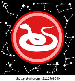 White silhouette snake shape on red circle with 12 white constellations in the zodiac family isolated on black background.  Flat design for Chinese animal zodiac. 