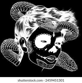 white silhouette of snakes around woman head vector hand draw