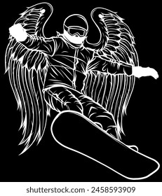 white silhouette of snowboarder with wings design