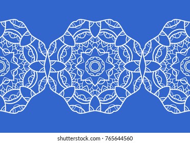 White silhouette of snowflakes. Lace, round ornament and decorative border. Vector