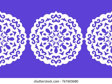 White silhouette of snowflakes. Lace, round ornament and decorative border. Vector