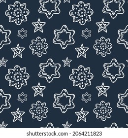 Silueta blanca de copos de nieve. Patrón transparente del vector sobre fondo azul oscuro