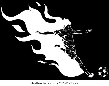 white silhouette of soccer player with flames vector illustration design