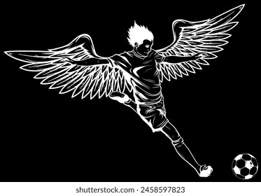 white silhouette of Soccer player with wing and ball on black background