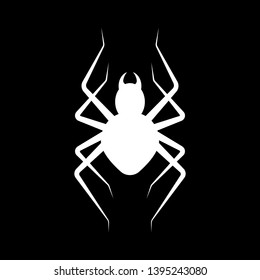 White silhouette spider on black background. Spider icon. Isolated. Spider logo template. Halloween symbol. Tattoo design.