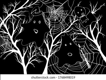 A white silhouette of spiderwebs with a spider on branches of tree and ghosts flying under it on a black background. Vector Halloween illustration for your design. 