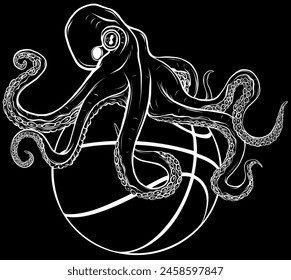 white silhouette of sport logo, kraken octopus head illustration and basketball ball on black background