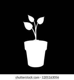 White silhouette of sprouting plant in the pot isolated on black background . Seeding vector illustration, icon, sign, template for design.