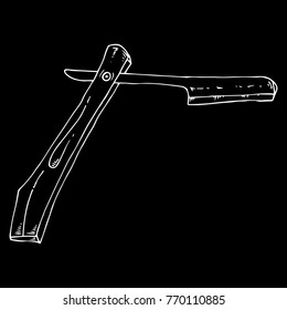 White silhouette of Straight razor on black background. Straight razor. An open razor. Dangerous blade. Vector illustration.