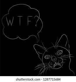 White silhouette Surprised and Indignant cat with speech bubble and question WTF isolated on black background. Simple contour for logo, poster, print. Vector illustration without fill. EPS 10