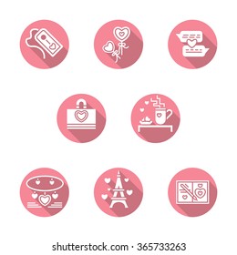 White silhouette symbols of love and romantic. Gift. trip, romantic meeting. Happy Valentines Day greetings. Set of pink round vector icons. Elements for web design and mobile.