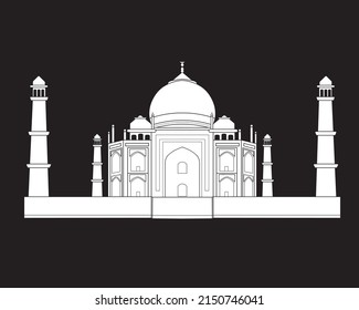 Silueta blanca del mausoleo del Taj Mahal en Agra sobre un fondo negro. India. Estilo de caricatura plano, punto de referencia histórico, punto de referencia, ilustración vectorial. Vector de stock