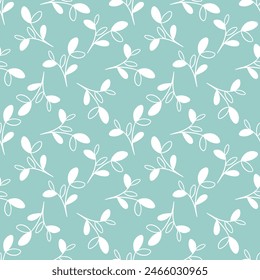 White silhouette of tender young foliage on green background. Botanical foliage seamless pattern. Herbs print for textiles, wallpaper, paper, packaging and design, vector graphics