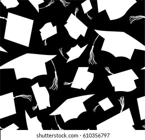 White silhouette throwing graduation caps on black background. Seamless pattern. Vector illustration. Higher education celebration anniversary symbol. flat design. Academic hat at the air.