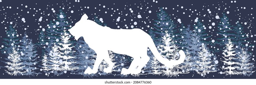White silhouette of tiger against background of spruce forest and falling snow
