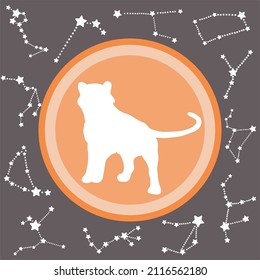 White silhouette tiger shape on orange circle with 12 white constellations in the zodiac family isolated on black background.  Flat design for Chinese animal zodiac. 