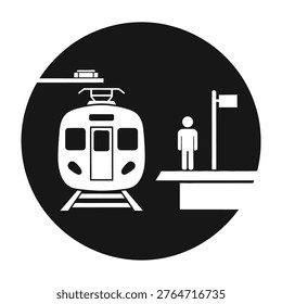 a white silhouette of a train on tracks with a person on a platform