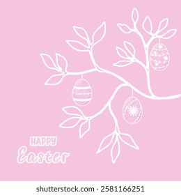 White silhouette of tree branch with leaves and decorated Easter egg on pink bacground Text Happy Easter Cute vector Easter greeting card with hanging decorative eggs on branch Square design