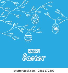 White silhouette of tree branch with leaves and decorated Easter egg on blue background Text Happy Easter Cute vector Easter greeting card with hanging decorative eggs on branch Square spring design