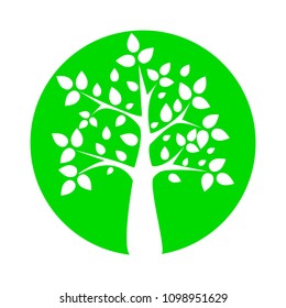 White silhouette of a tree with leaves in a green circle vector illustration