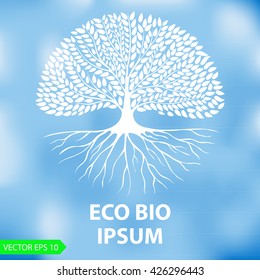 White silhouette of a tree on a blurred blue background. The blank for company logos. Nature and ecology theme. Vector Image.