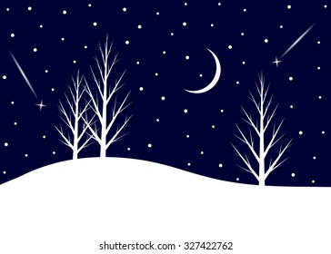 A white silhouette of trees against the blue sky and  stars