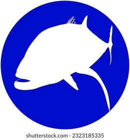 White silhouette of a Trevally Fish in a blue circle design 