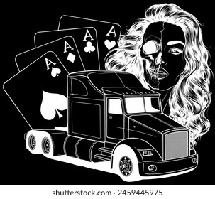 white silhouette of Truck with woman and poker aceson black background vector illustration