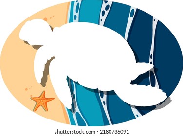 White silhouette turtle and ocean cartoon illustration