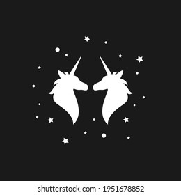 White silhouette of  two graceful unicorns and stars. Fairy tale symbol. Magic coat of arms vector flat icon isolated on black background. magic logo. 