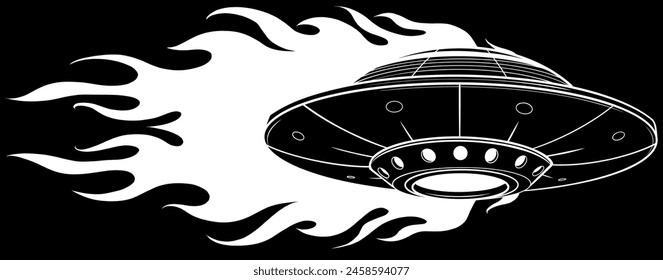 white silhouette of ufo with flames on black background. vector illustration design