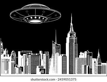 white silhouette of UFO with Flying Over City on black background