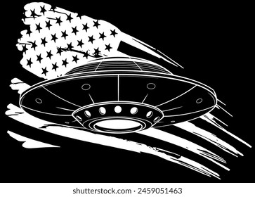 white silhouette of ufo with usa flag on black background vector