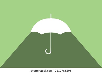 White silhouette umbrella on a green background, with a shadow on top, flat illustration, modern style vector.