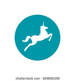 white silhouette of unicorn in blue circle. vector flat icon isolated on white background. fantasy logo. fairy tale symbol. 