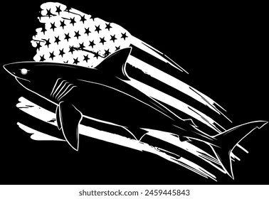 white silhouette of USA flag over Shark vector on black background