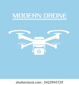 El logo de un vector de silueta blanca con un drone azul con el texto "drone moderno". Simboliza la innovación y el avance tecnológico en la tecnología aérea